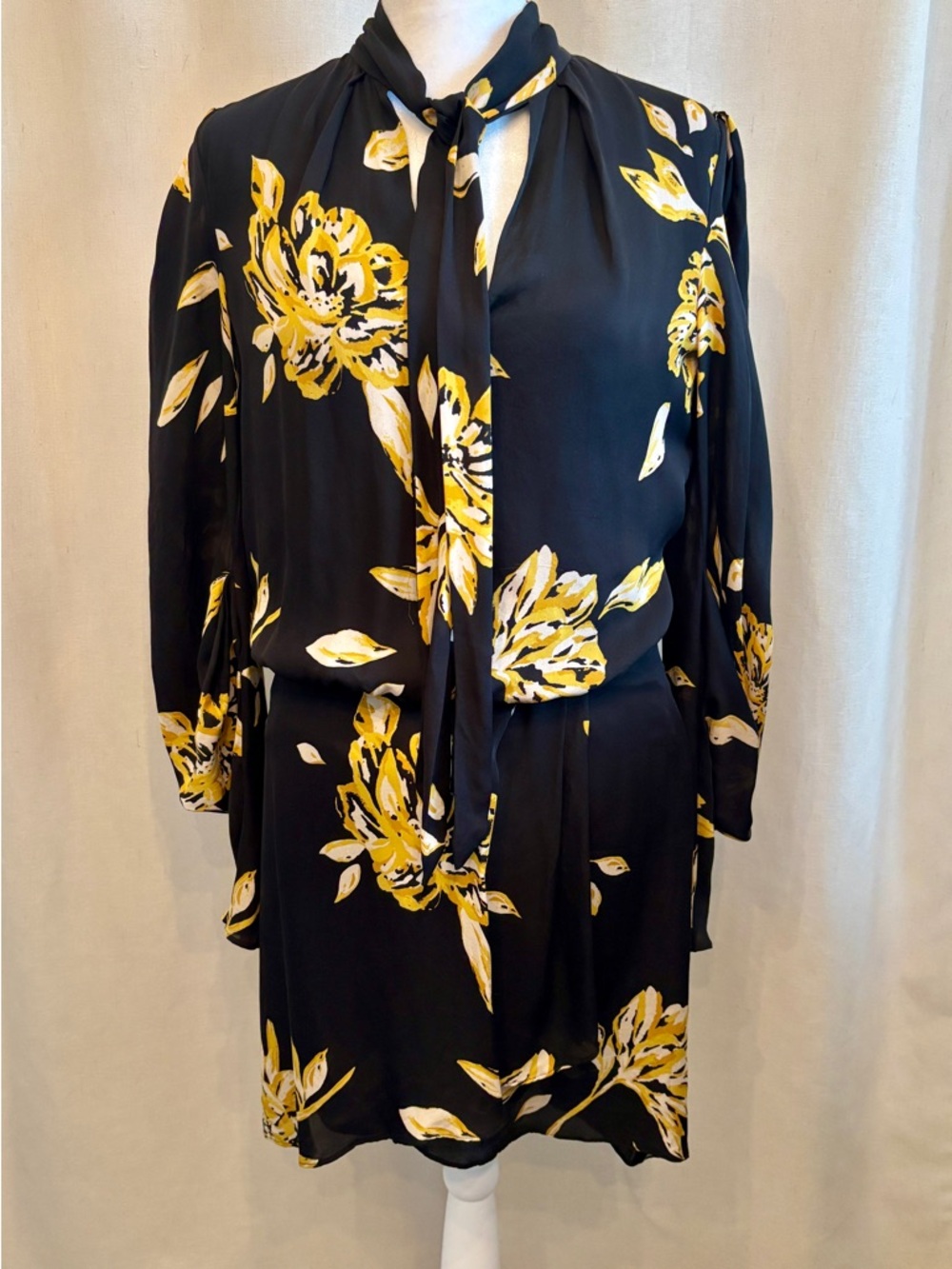 Joie Black Dress with Yellow Floral Tie-Neck